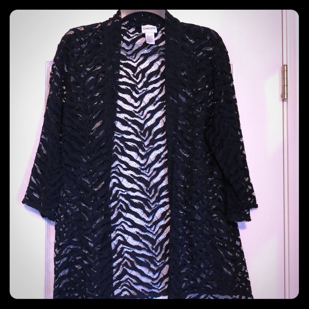 Chico’s black patterned sheer mid  sleeve jacket
